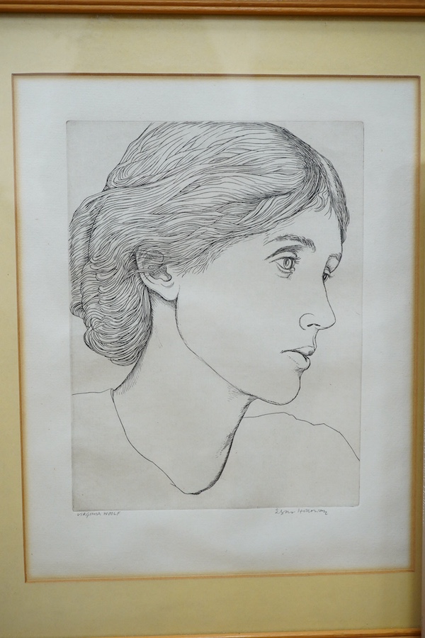 Edgar Holloway (1914-2008), etching, ‘Virginia Woolf’, signed and inscribed in pencil together with a hardback book, The Etchings and engravings of Edgar Holloway by Robert Meyrick, 25.5 x 20cm. Condition - good, edges a